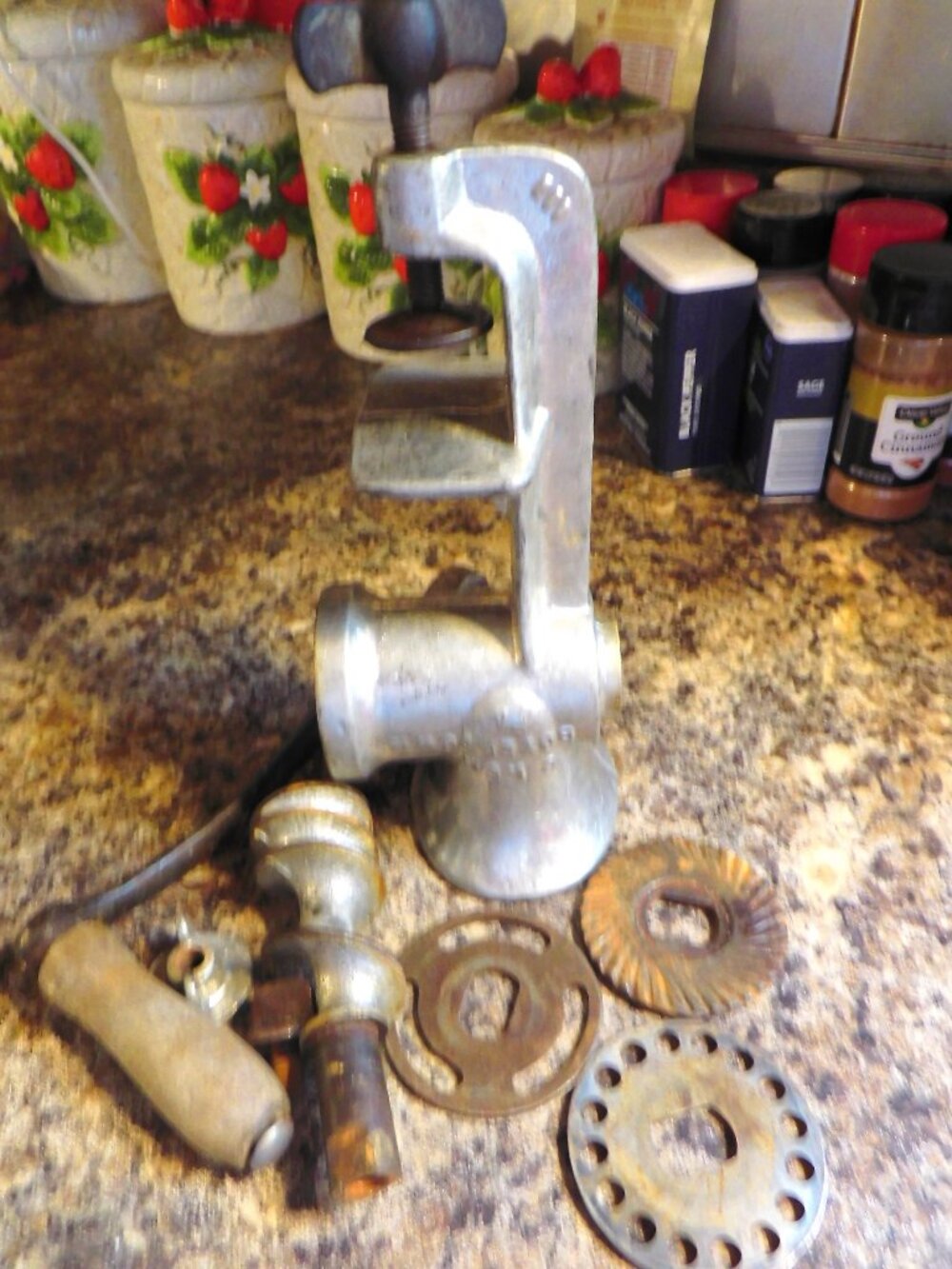 VINTAGE MANUAL MEAT GRINDER with DISCS